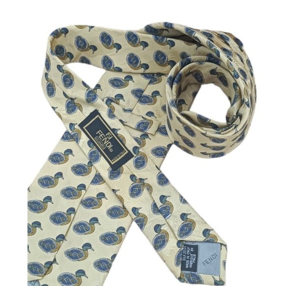 FENDI Yellow Bird Silk Tie ITALY 59"/ 4" EC - Picture 2 of 5